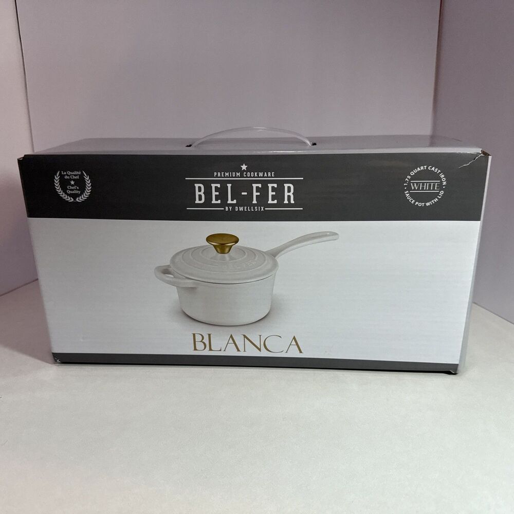 BEL-FER 1.75 Quart Cast-Iron Sauce, Pot With Lid Premium Cookware White NIB